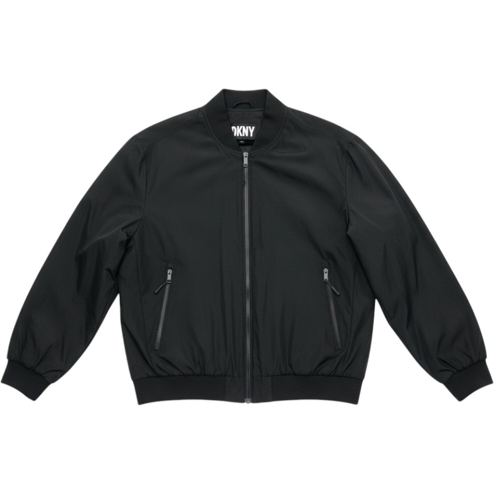 DKNY Mens Black Full Zip Bomber Jacket XL Ribbed Trim Pockets Down Alternative